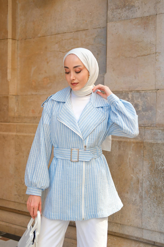 Gabardin Pul Detaylı Ceket Mavi