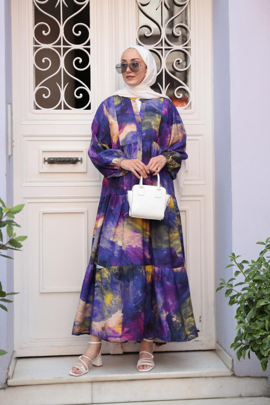 Galaksi Desenli Elbise Mor