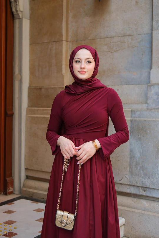 Garnili Asimetrik Elbise Bordo