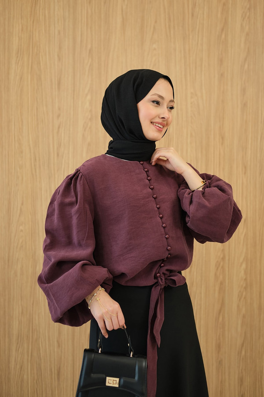 Geçirme Düğme Detay Bel Bağlamalı Gömlek Bordo