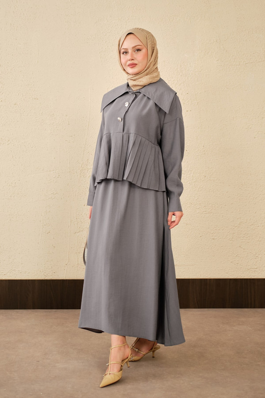 Gemici Yaka Fırfır Detay Takım Gri