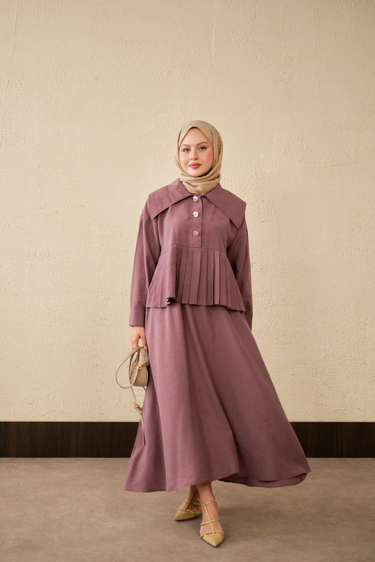 Gemici Yaka Fırfır Detay Takım Gül Kurusu