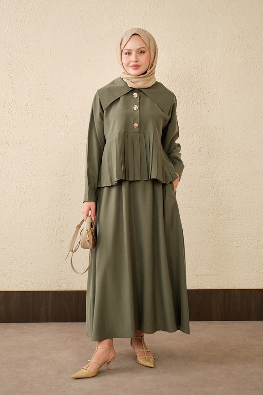 Gemici Yaka Fırfır Detay Takım Haki Yeşil