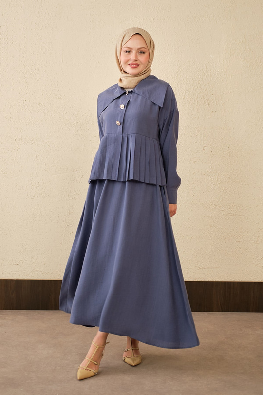 Gemici Yaka Fırfır Detay Takım İndigo Mavi