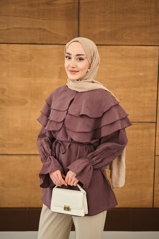Geniş Katlı Yaka Bel Bağlamalı Tunik Mürdüm