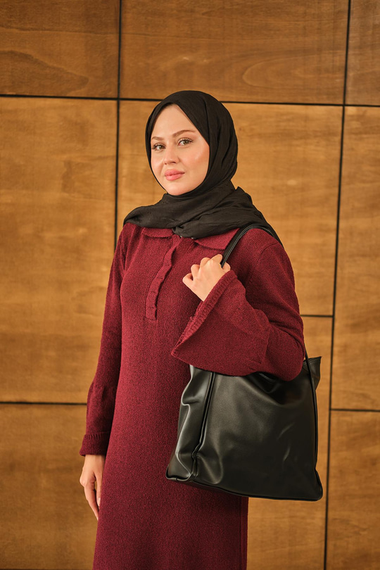 Geniş Kol Triko Elbise Bordo