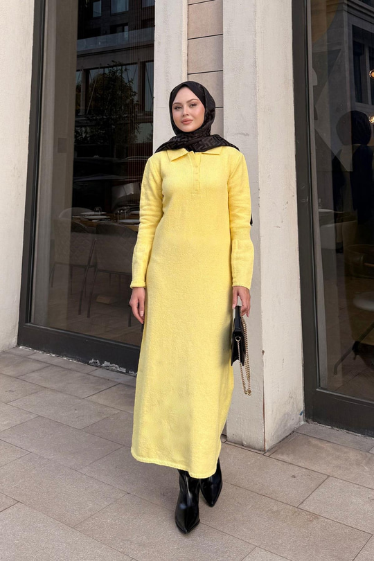 Geniş Kol Triko Elbise Sarı
