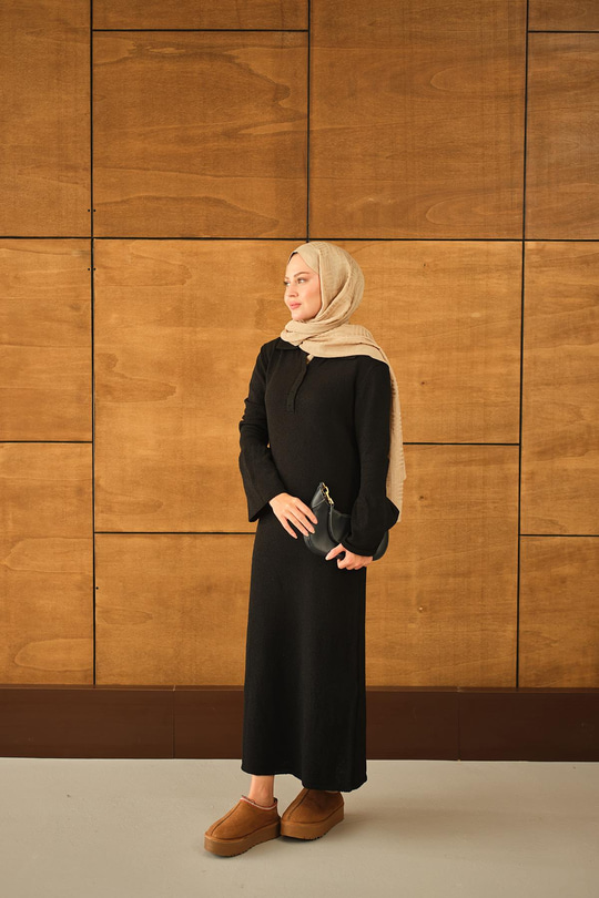 Geniş Kol Triko Elbise Siyah