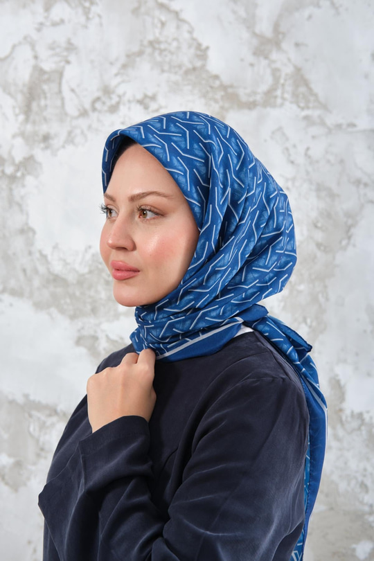 Geometrik Desen Eşarp Saks Mavi