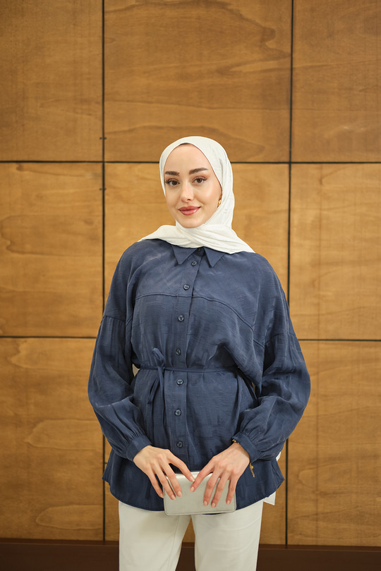 Geometrik Desen Jakar Gömlek Mavi