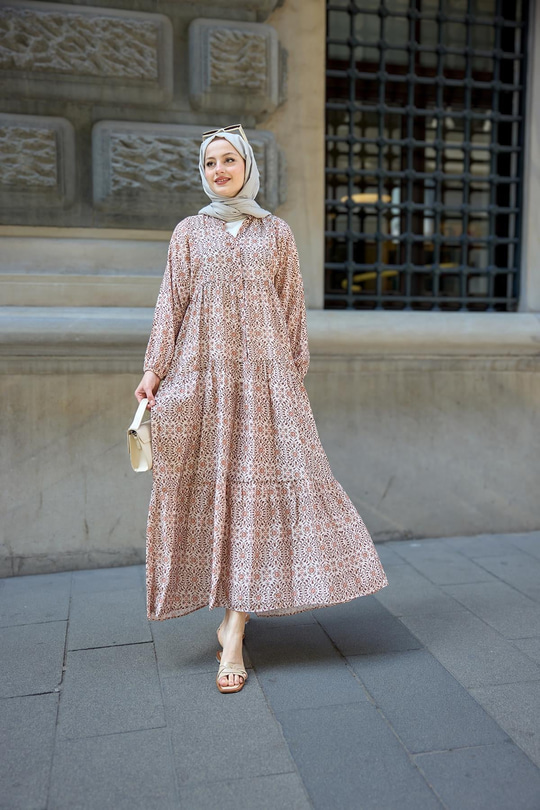Geometrik Motif Desen Elbise Açık Kahve