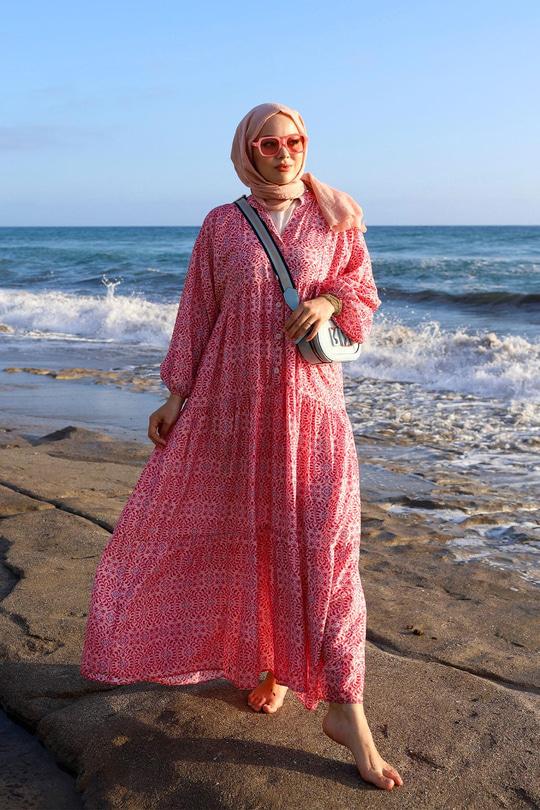 Geometrik Motif Desen Elbise Pembe