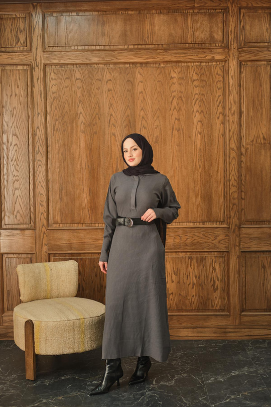 Gizli Düğme Detaylı Elbise Antrasit