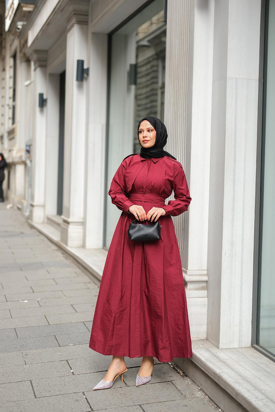 Gizli Düğmeli Apolet Detay Elbise Bordo