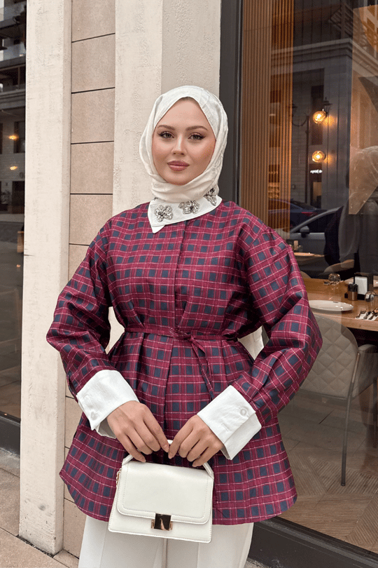 Gizli Düğmeli Bel Bağlamalı Gömlek Bordo