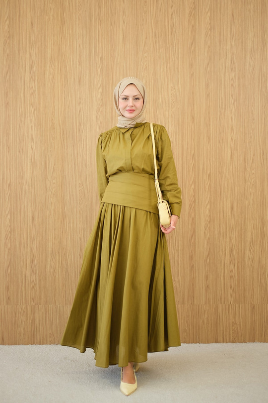 Gizli Düğmeli Beli Kuşaklı Gömlek Yaka Takım Yağ Yeşil