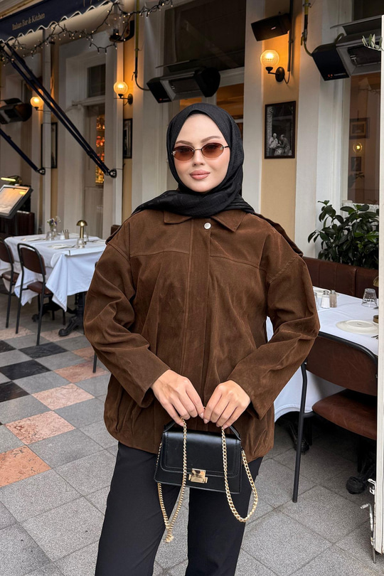 Gizli Düğmeli Kadife Ceket Kahverengi