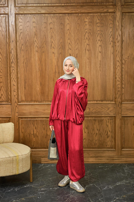 Gizli Fermuar Detay Takım Kırmızı