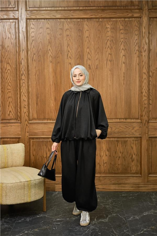 Gizli Fermuar Detay Takım Siyah