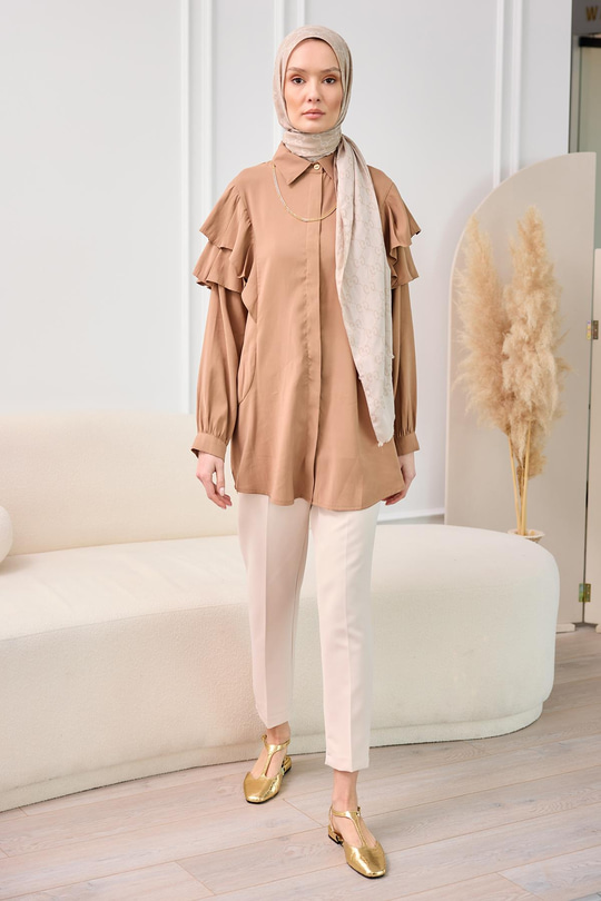 Gizli Fermuar Detaylı Kumaş Pantolon Krem