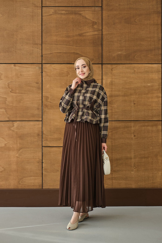 Gizli Fermuarlı Ekose Desen Eteği Tül Ve Pilise Detay Takım Kahverengi