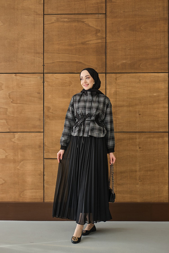 Gizli Fermuarlı Ekose Desen Eteği Tül Ve Pilise Detay Takım Siyah