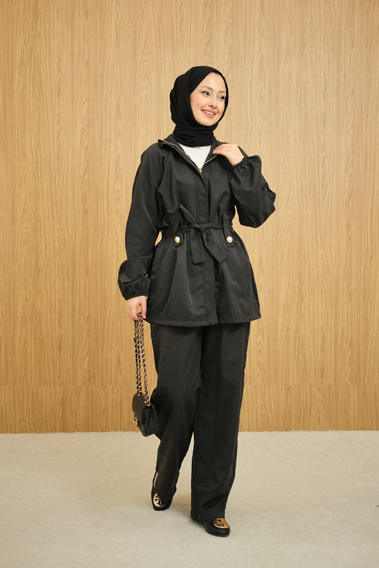 Gizli Fermuarlı Kemerli Pantolonlu Takım Siyah