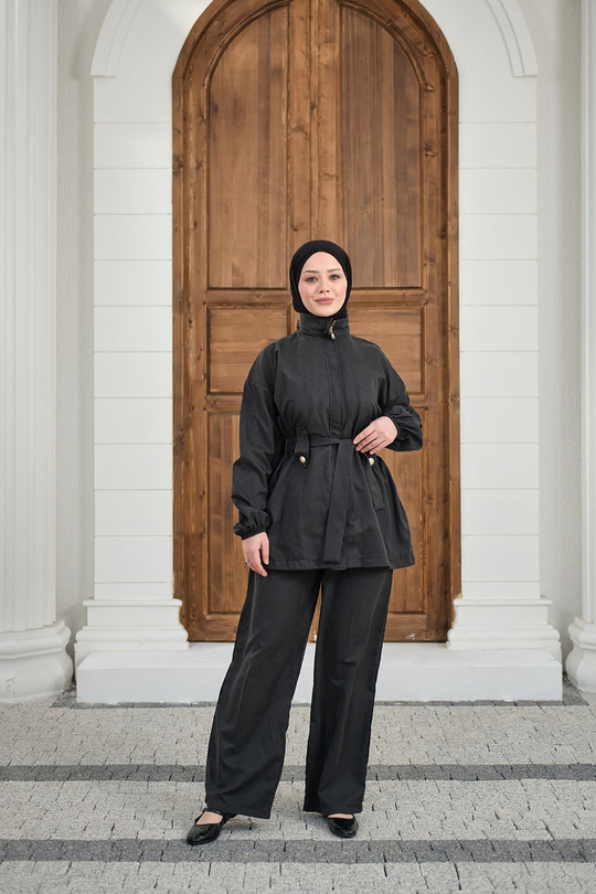 Gizli Fermuarlı Kemerli Pantolonlu Takım Siyah