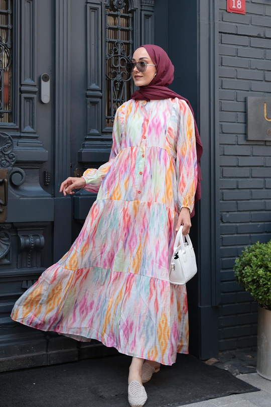Gökkuşağı Desen Elbise Fuşya