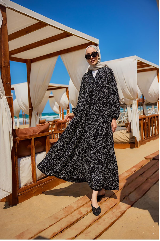 Gold Çicek Nakışlı Elbise Siyah