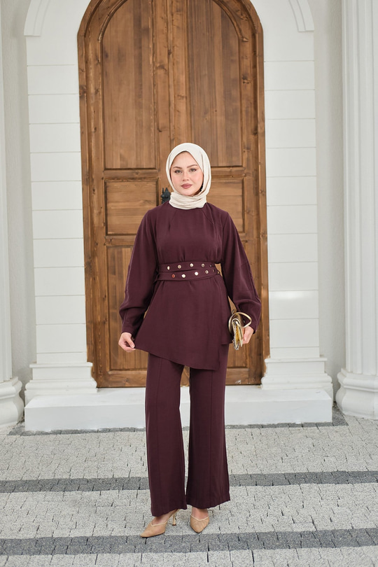 Gold Çıtçıt Kemerli Pantolonlu Takım Mürdüm