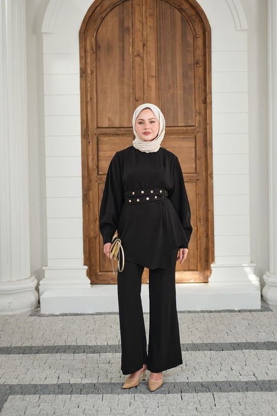 Gold Çıtçıt Kemerli Pantolonlu Takım Siyah