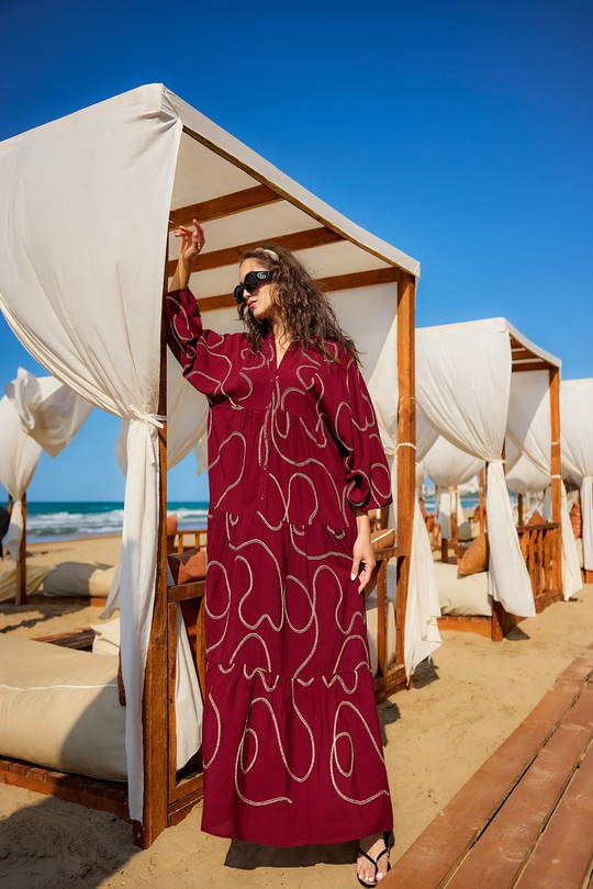 Gold Dikiş Detaylı Elbise Bordo
