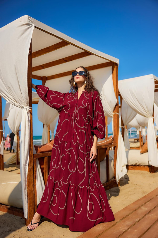 Gold Dikiş Detaylı Elbise Bordo