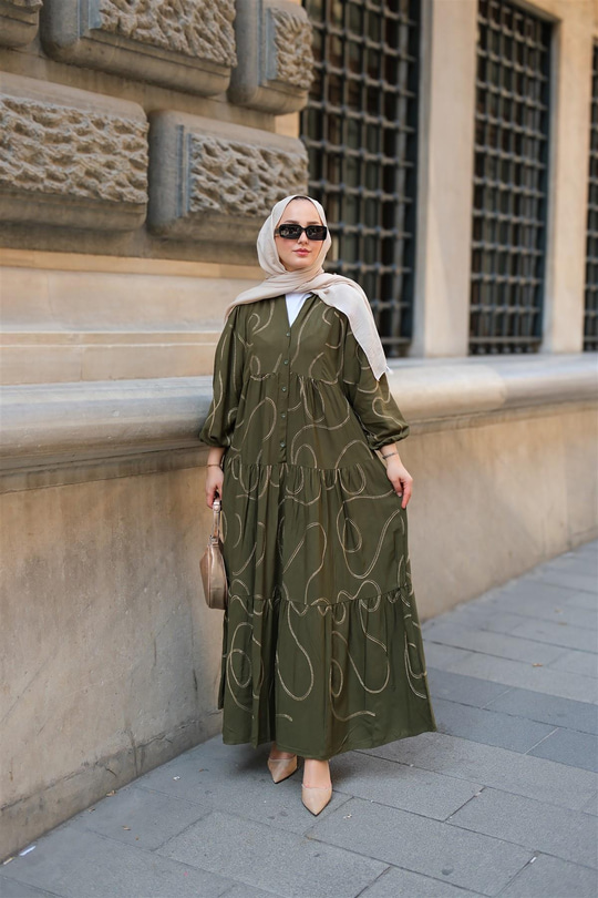 Gold Dikiş Detaylı Elbise Haki Yeşil