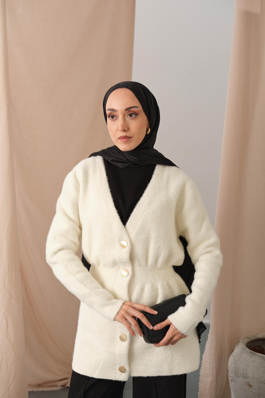 Gold Düğme Detay Hırka Beyaz