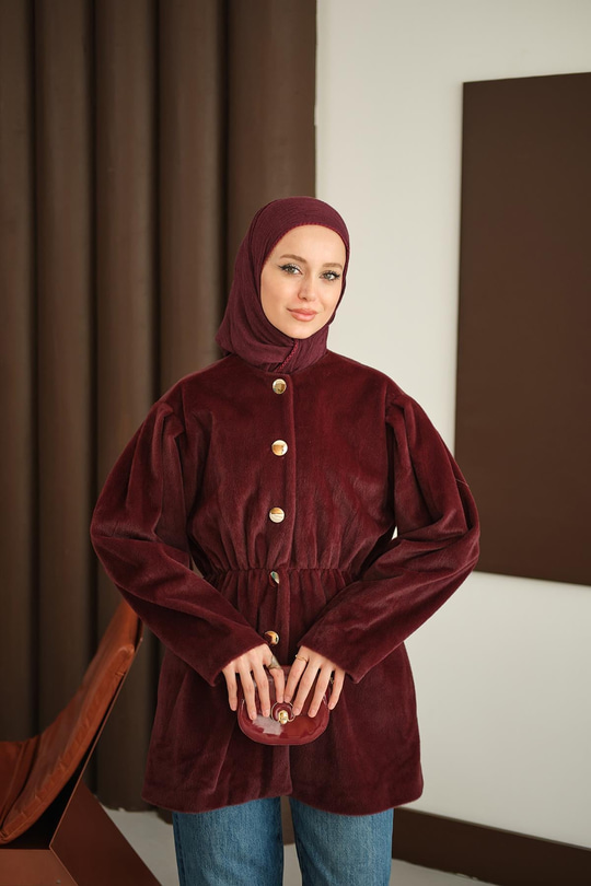 Gold Düğme Detay Kısa Kaban Bordo