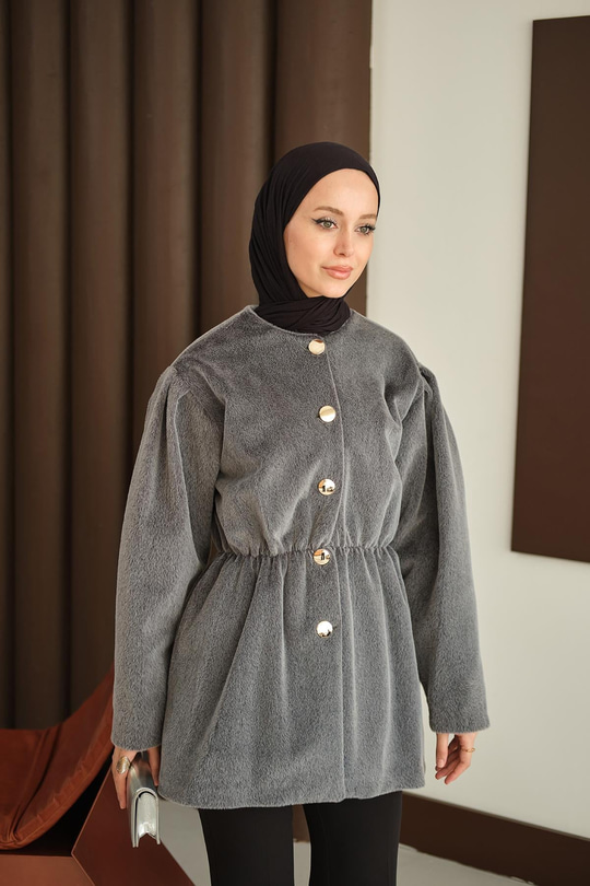 Gold Düğme Detay Kısa Kaban Gri