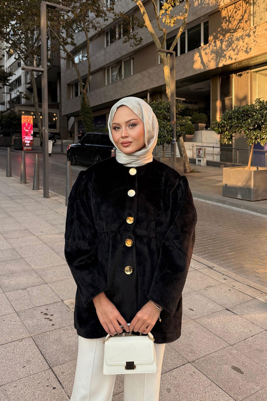 Gold Düğme Detay Mont Siyah