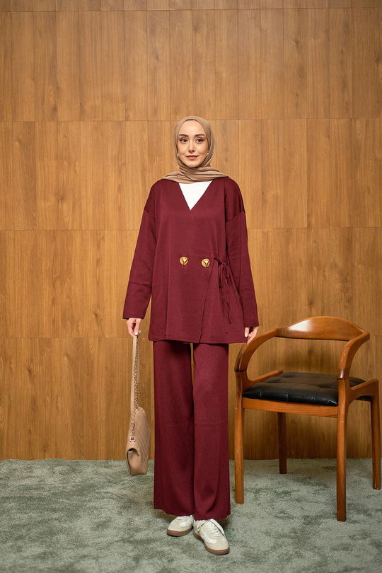 Gold Düğme Detay Takım Bordo