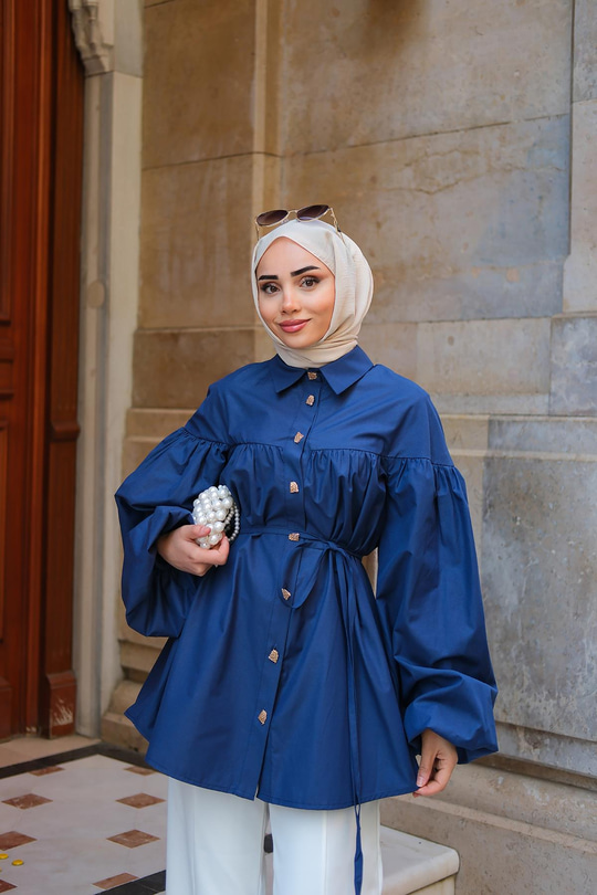 Gold Düğme Detaylı Gömlek Lacivert