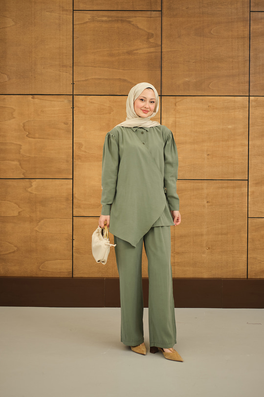 Gold Düğme Detaylı Pantolonlu Modal Takım Haki Yeşil