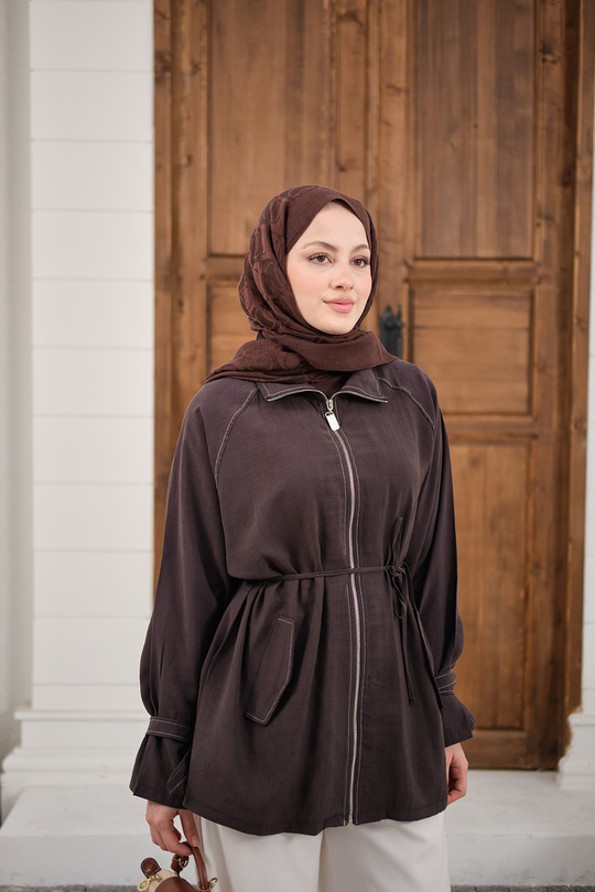 Gold Fermuar Detay Dikiş İzli Ceket Kahverengi