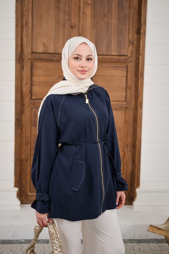 Gold Fermuar Detay Dikiş İzli Ceket Lacivert