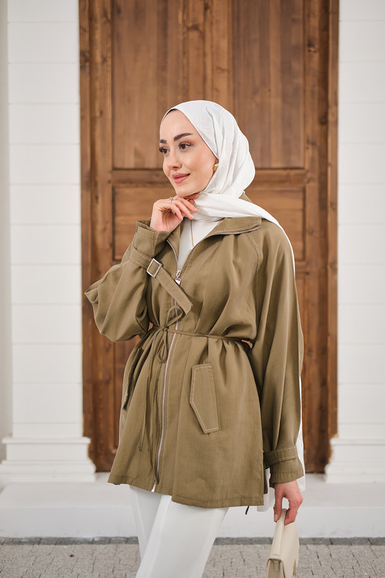 Gold Fermuar Detay Dikiş İzli Ceket Yağ Yeşil