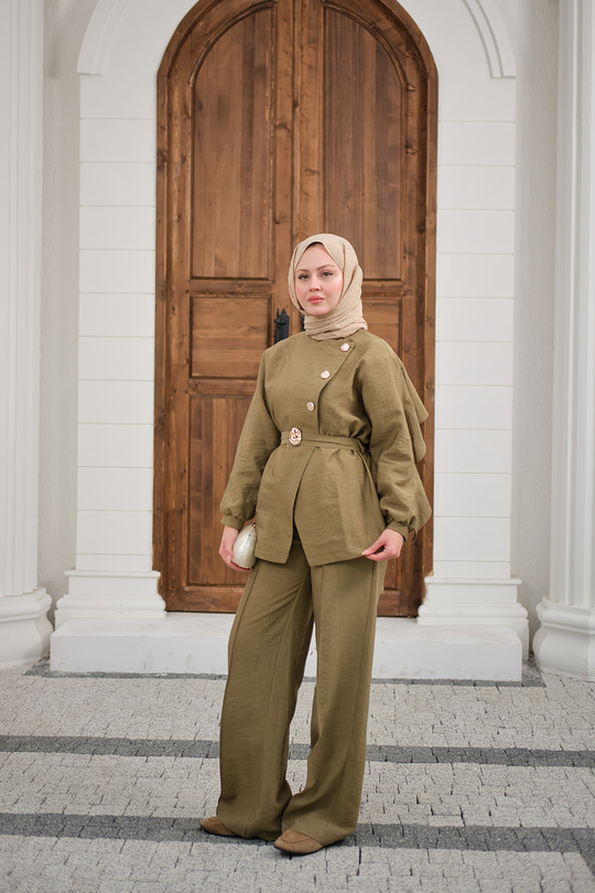 Gold Kemerli Düğme Detay Takım Yağ Yeşil