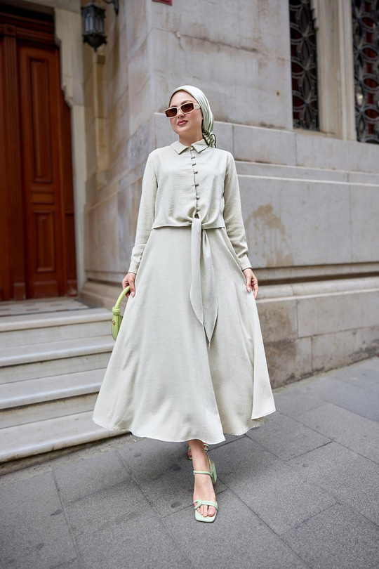 Gömleği Bağlamalı Keten Takım Krem