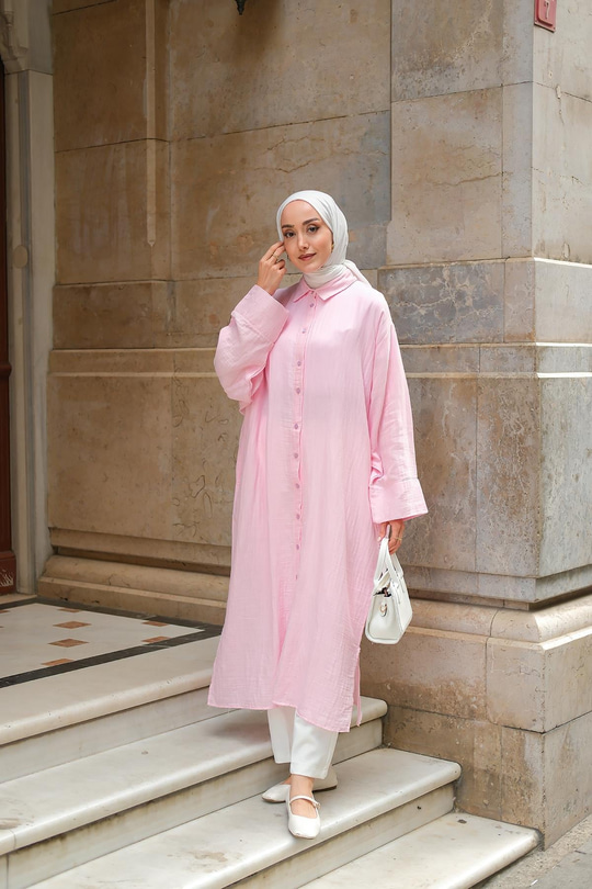 Gömlek Detay Elbise Pudra