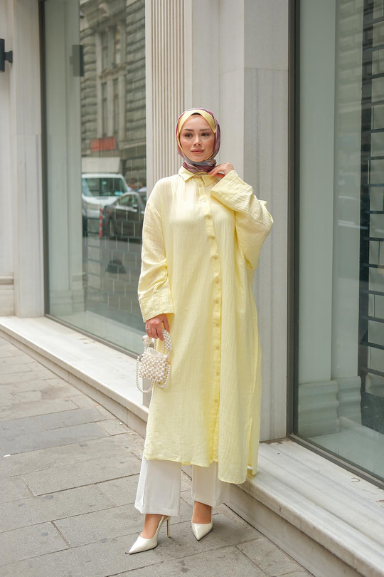 Gömlek Detay Elbise Sarı