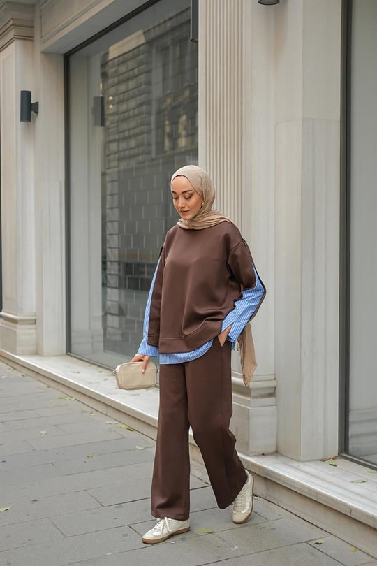 Gömlek Detay İkili Takım Kahverengi